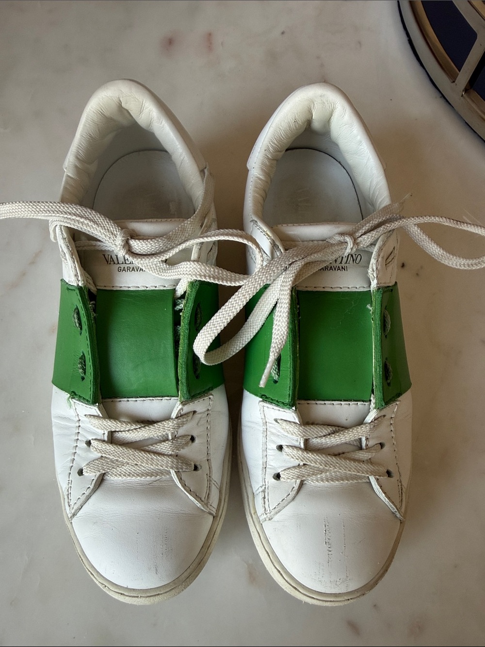 Valentino Rock Studs White Leather Sneakers with Green Panels